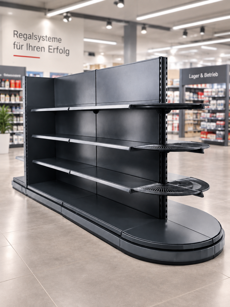 Mittelraumregal mit glatten Metallwrückwänden und Rundumfachböden