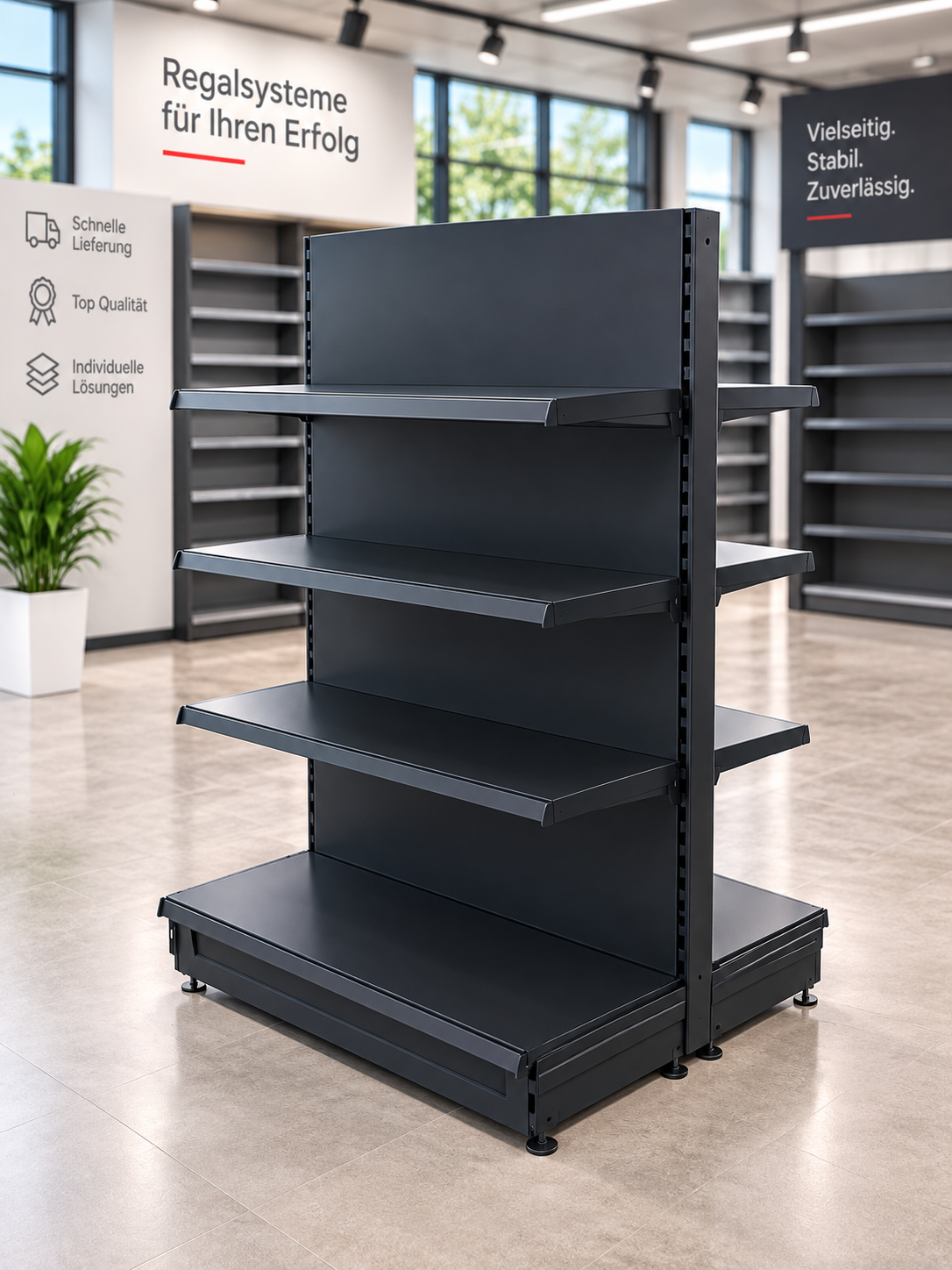 Gondelregal mit glatten Metallrückwänden